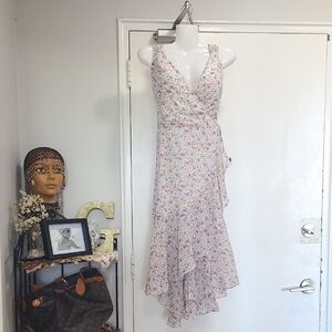 Asymmetrical Vneck Wrap Floral Dress in White Pink and Purple With Tieback